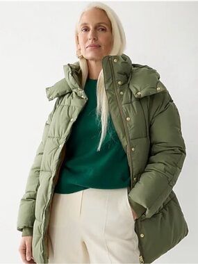 J. Crew Olive Green Quilted Puffer Coat with High Collar